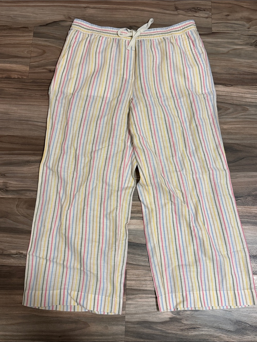 Talbots Linen Blend Cropped Pants M Sunshine Striped Elastic Waist Wide Leg